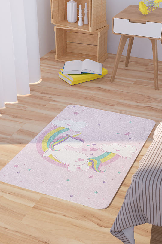 矢量手绘卡通可爱独角兽彩虹脚垫地毯图案