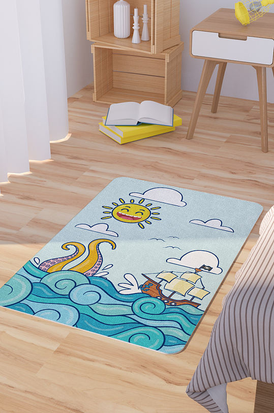 矢量手绘卡通可爱海洋章鱼帆船脚垫地毯图案