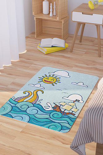 矢量手绘卡通可爱海洋章鱼帆船脚垫地毯图案