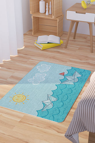 矢量手绘卡通海上的纸船脚垫地毯图案