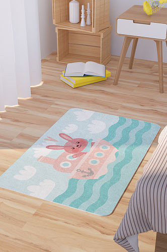 矢量手绘卡通可爱坐船的兔子脚垫地毯图案