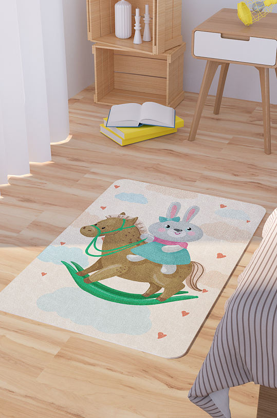 矢量手绘卡通可爱骑木马的兔子脚垫地毯图案-众图网