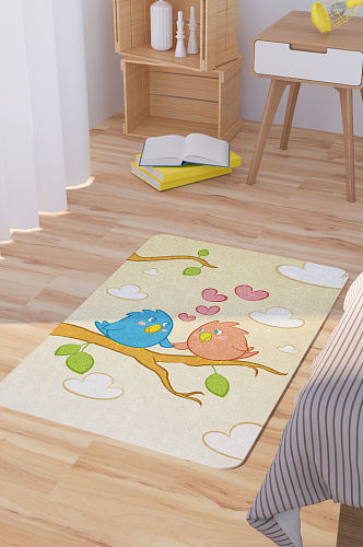 矢量手绘卡通可爱小鸟情侣脚垫地毯图案