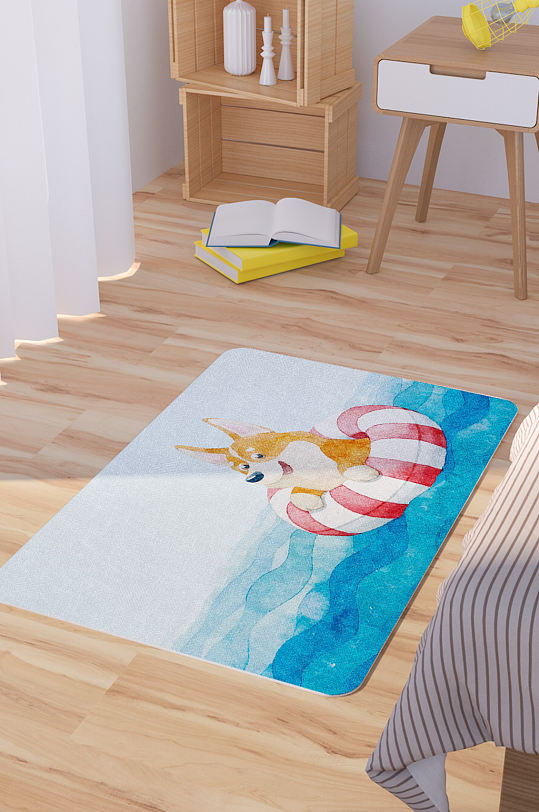 矢量手绘可爱卡通游泳的小狗脚垫地毯图案