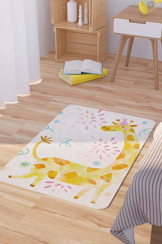 矢量手绘卡通可爱长颈鹿脚垫地毯图案-众图网