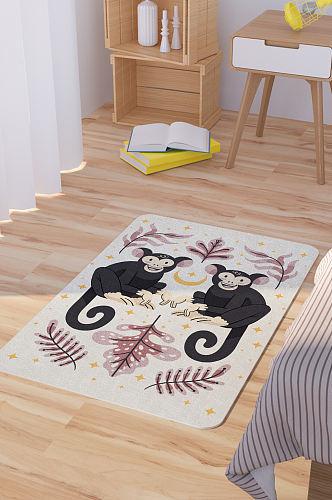 矢量手绘卡通可爱猴子脚垫地毯图案