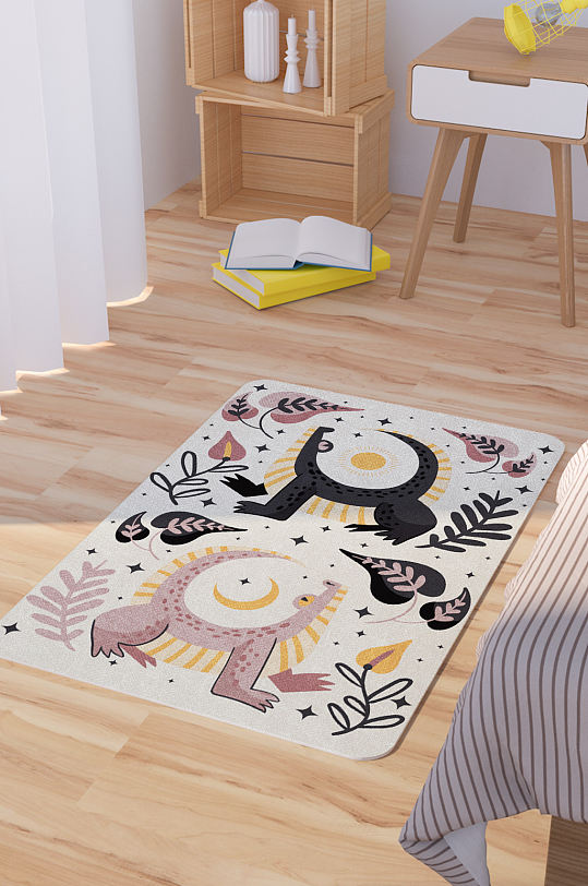 矢量手绘卡通可爱蜥蜴脚垫地毯图案-众图网