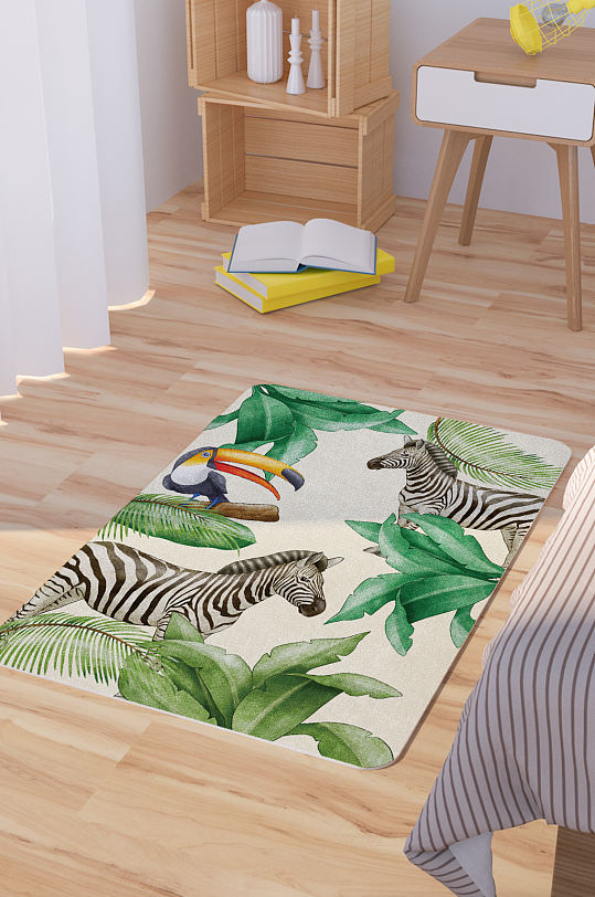 矢量手绘水彩野生动物脚垫地毯图案-众图网