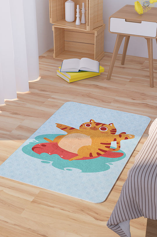 矢量手绘卡通可爱橘猫脚垫地毯图案-众图网