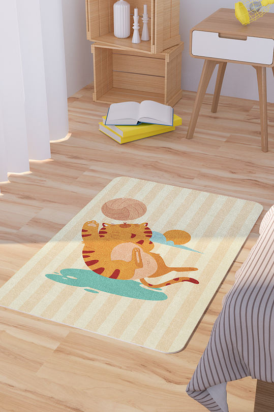 矢量手绘卡通可爱橘猫脚垫地毯图案-众图网