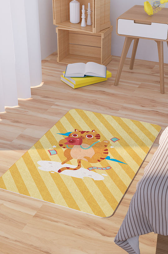 矢量手绘卡通可爱橘猫脚垫地毯图案-众图网