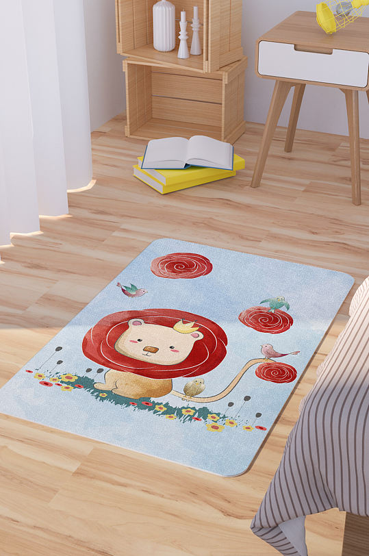 矢量水彩手绘卡通可爱玫瑰狮子脚垫地毯图案-众图网