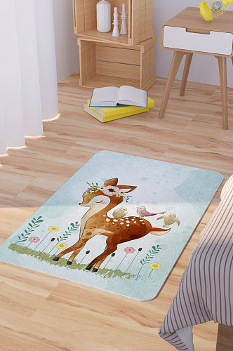 矢量手绘卡通可爱梅花鹿脚垫地毯图案
