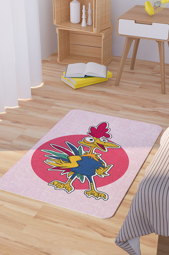矢量手绘卡通可爱公鸡脚垫地毯图案-众图网