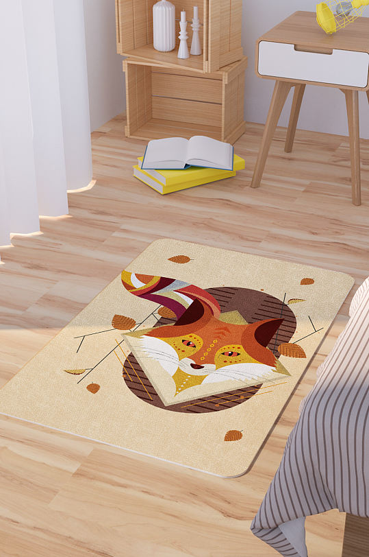 矢量手绘卡通狐狸脚垫地毯图案-众图网