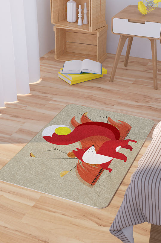 矢量手绘卡通狐狸脚垫地毯图案-众图网