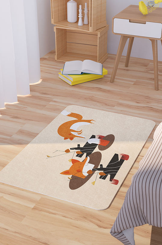 矢量手绘卡通可爱狐狸脚垫地毯图案-众图网