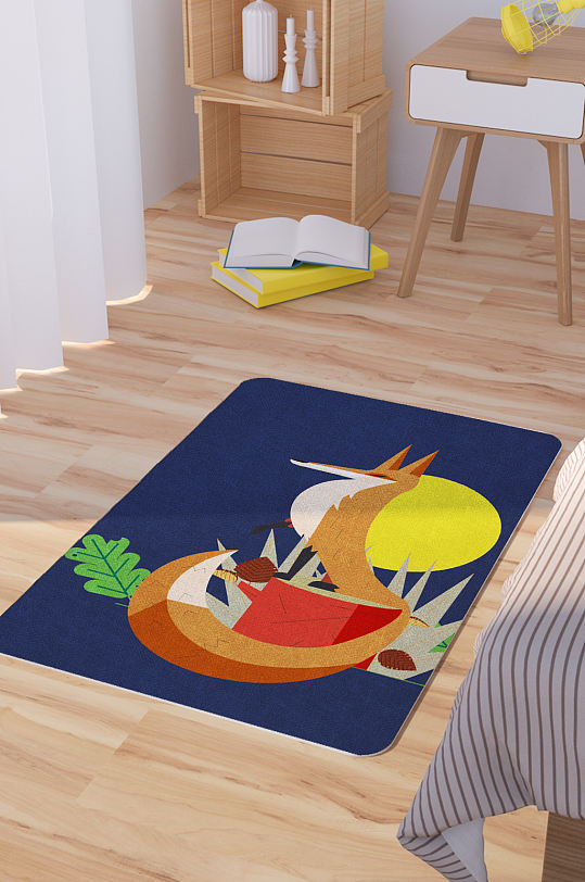 矢量手绘卡通可爱狐狸脚垫地毯图案