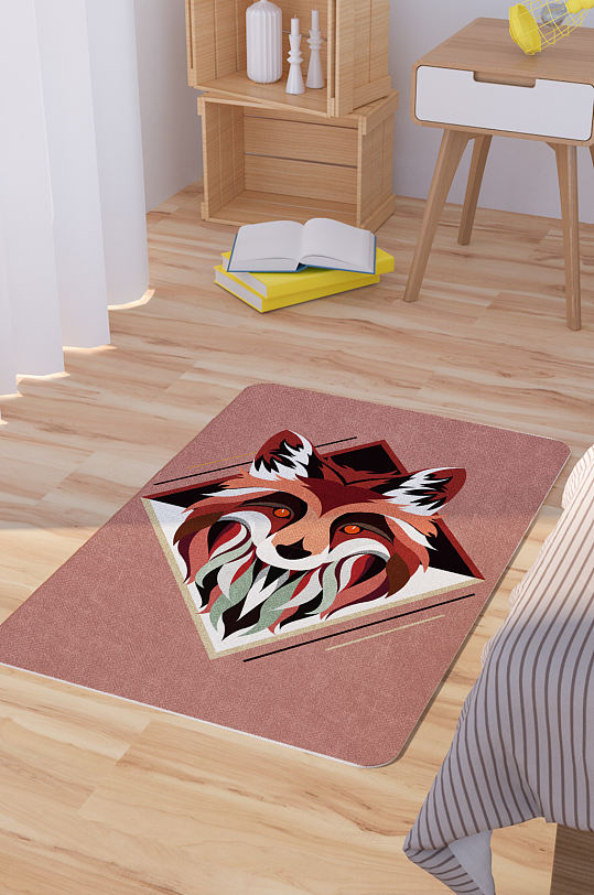 矢量手绘卡通狐狸头像脚垫地毯图案-众图网