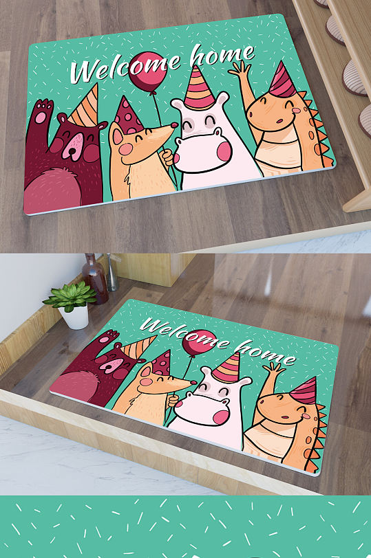 矢量手绘卡通可爱小动物门垫地毯图案-众图网