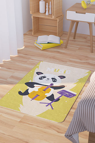 矢量手绘卡通可爱熊猫演奏脚垫地毯图案