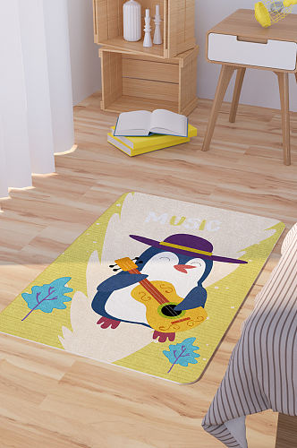 矢量手绘卡通可爱企鹅演奏脚垫地毯图案