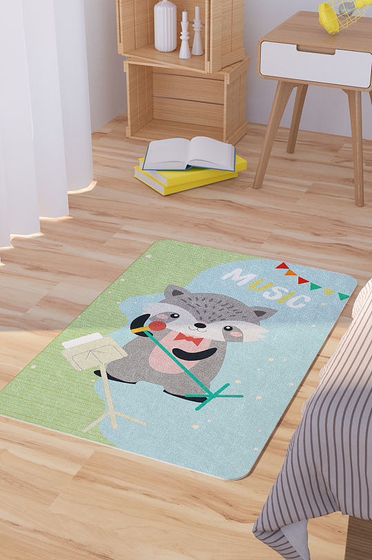 矢量手绘卡通可爱小浣熊演唱脚垫地毯图案