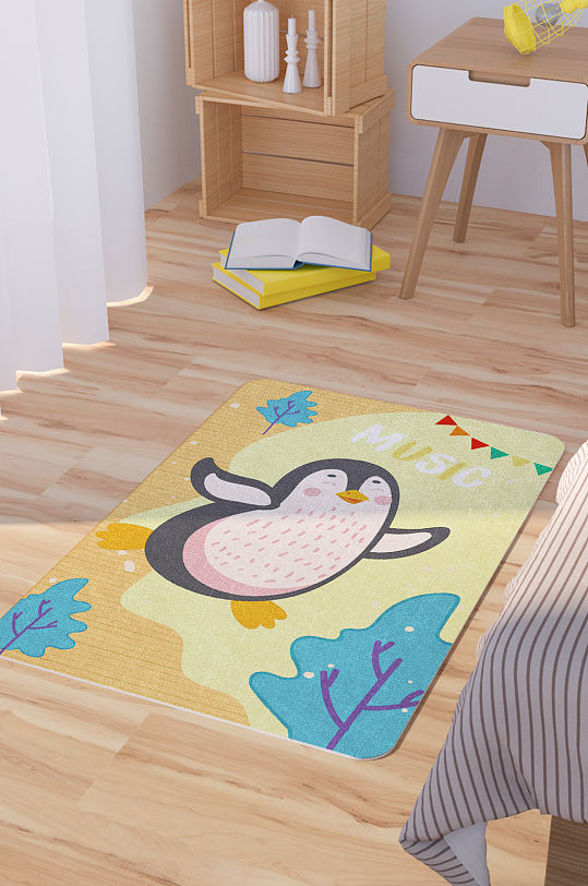 矢量手绘卡通可爱企鹅跳舞脚垫地毯图案