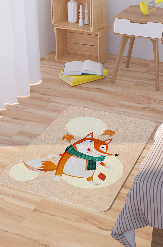 矢量手绘卡通可爱狐狸脚垫地毯图案-众图网