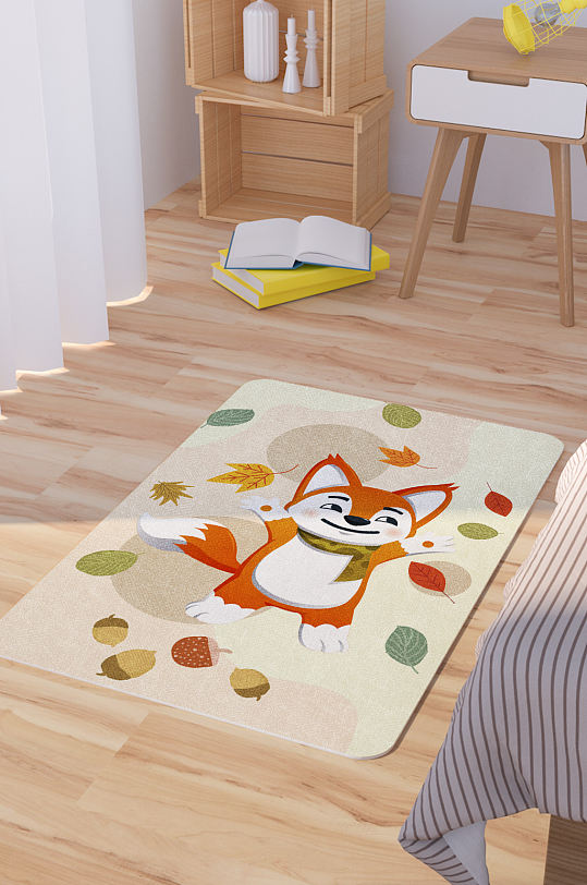 矢量手绘卡通可爱狐狸脚垫地毯图案-众图网