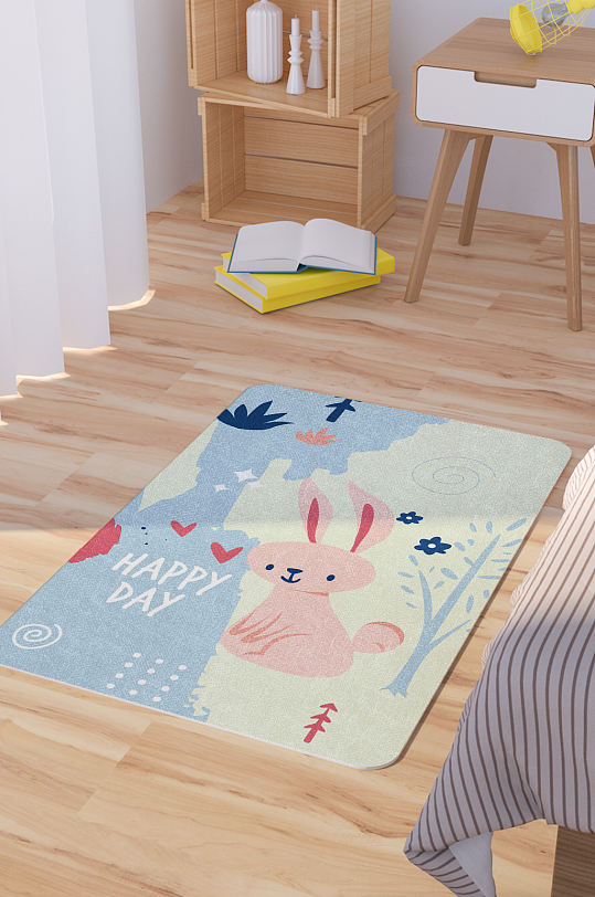 矢量手绘卡通可爱兔子脚垫地毯图案-众图网