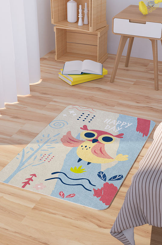 矢量手绘卡通可爱猫头鹰脚垫地毯图案-众图网