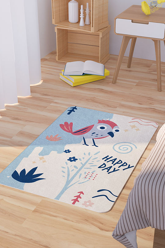 矢量手绘卡通可爱小鸟脚垫地毯图案-众图网