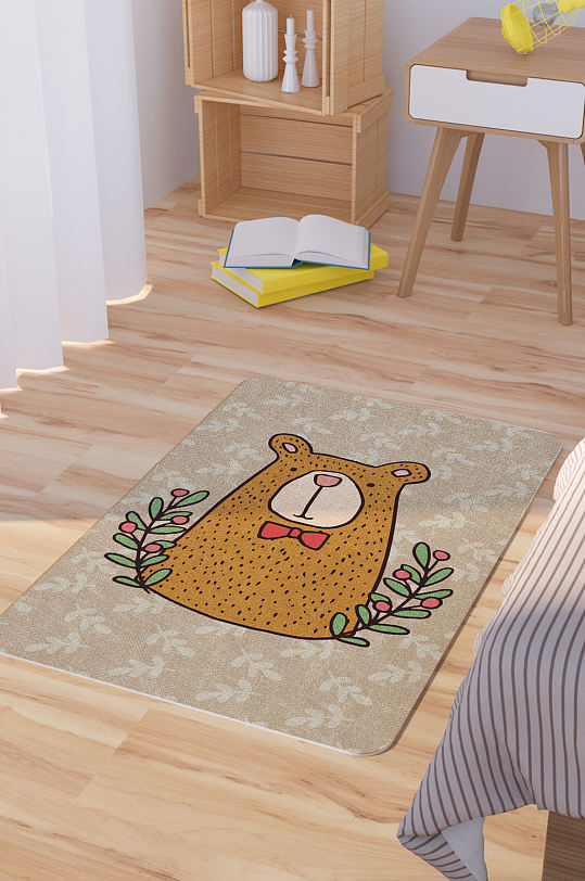 矢量手绘卡通可爱小熊脚垫地毯图案-众图网