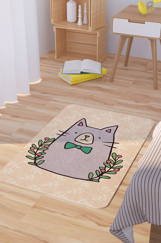 矢量手绘卡通可爱猫咪脚垫地毯图案-众图网