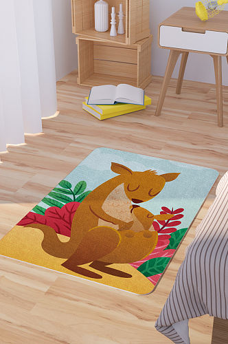 矢量手绘卡通可爱袋鼠母子脚垫地毯图案