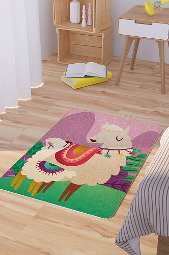 矢量手绘卡通可爱羊驼母子脚垫地毯图案