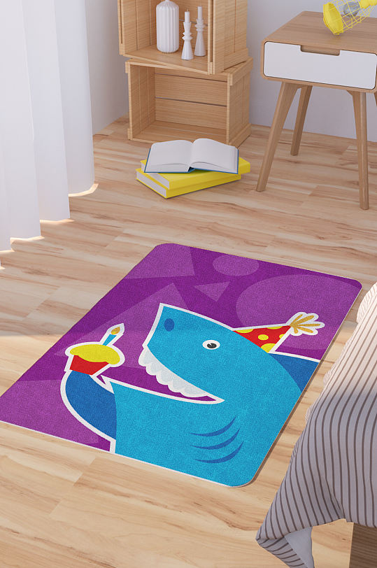 矢量手绘卡通可爱鲨鱼脚垫地毯图案-众图网