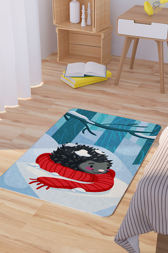 矢量手绘卡通可爱冬天小刺猬脚垫地毯图案