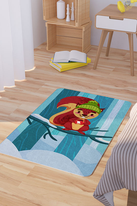 矢量手绘卡通可爱冬天松鼠脚垫地毯图案-众图网