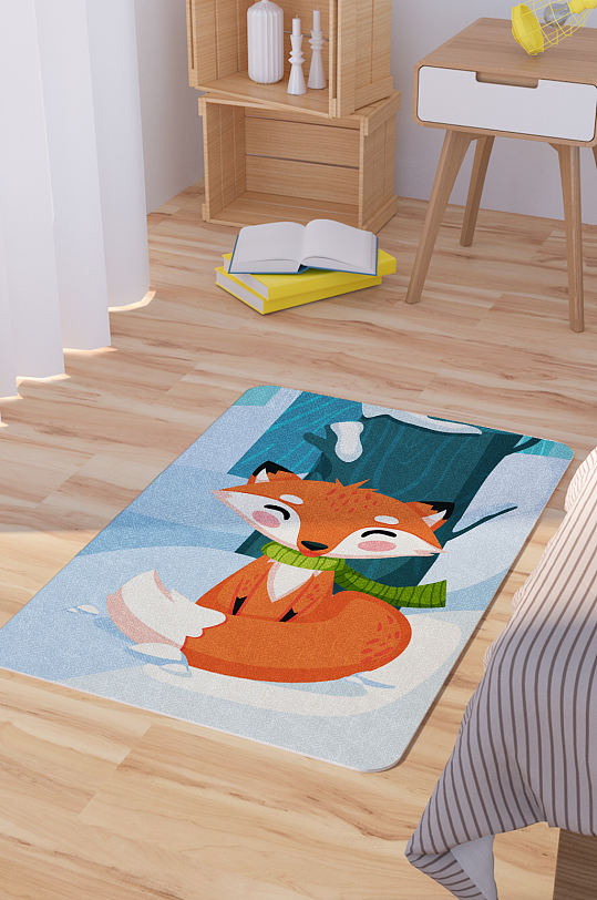 矢量手绘卡通可爱冬天狐狸脚垫地毯图案