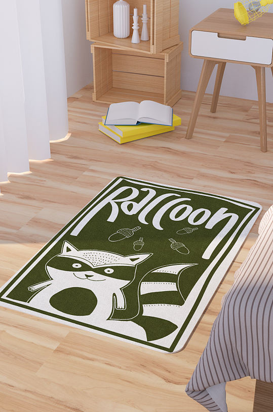 矢量手绘卡通可爱小浣熊脚垫地毯图案-众图网