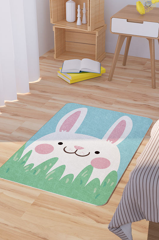 矢量手绘卡通可爱兔子脚垫地毯图案-众图网