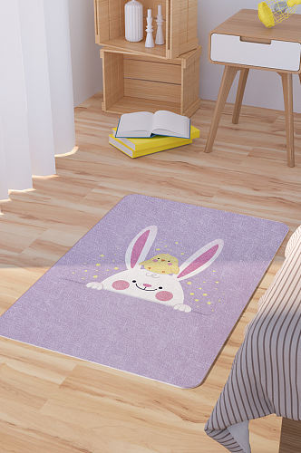 矢量手绘卡通可爱兔子和小鸡脚垫地毯图案