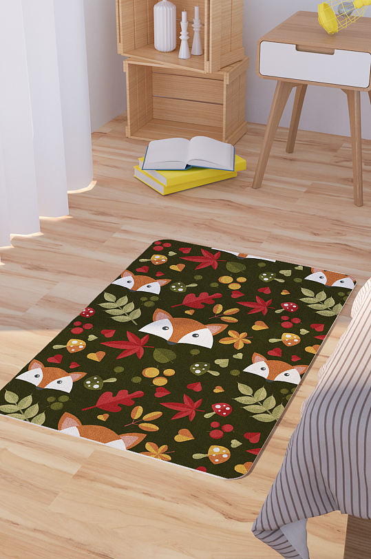 矢量手绘卡通可爱狐狸脚垫地毯图案-众图网