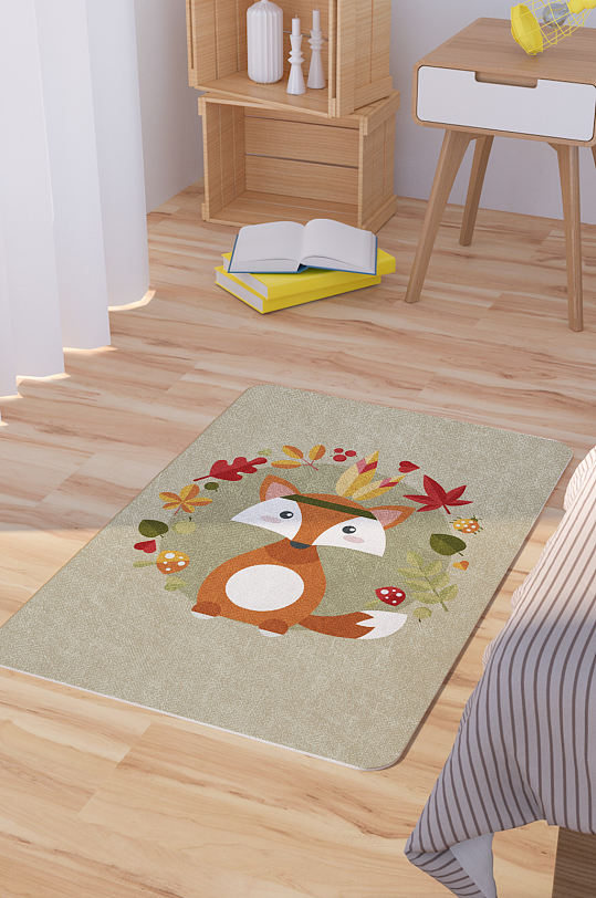 矢量手绘卡通可爱狐狸脚垫地毯图案-众图网