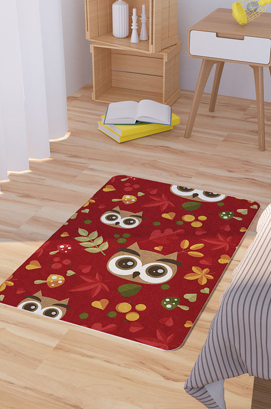 矢量手绘卡通可爱猫头鹰脚垫地毯图案-众图网