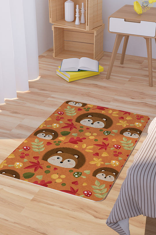 矢量手绘卡通可爱刺猬脚垫地毯图案-众图网