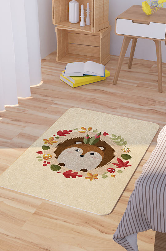 矢量手绘卡通可爱刺猬脚垫地毯图案-众图网