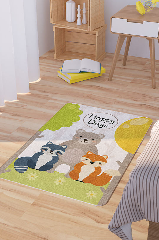 矢量手绘卡通可爱小动物脚垫地毯图案-众图网